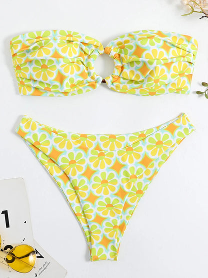 Floral Bikinis Bandeau Swimsuit for Woman Female Swimwear Women Thong Bikini Set Summer Swim Beach Wear Bathing Suits