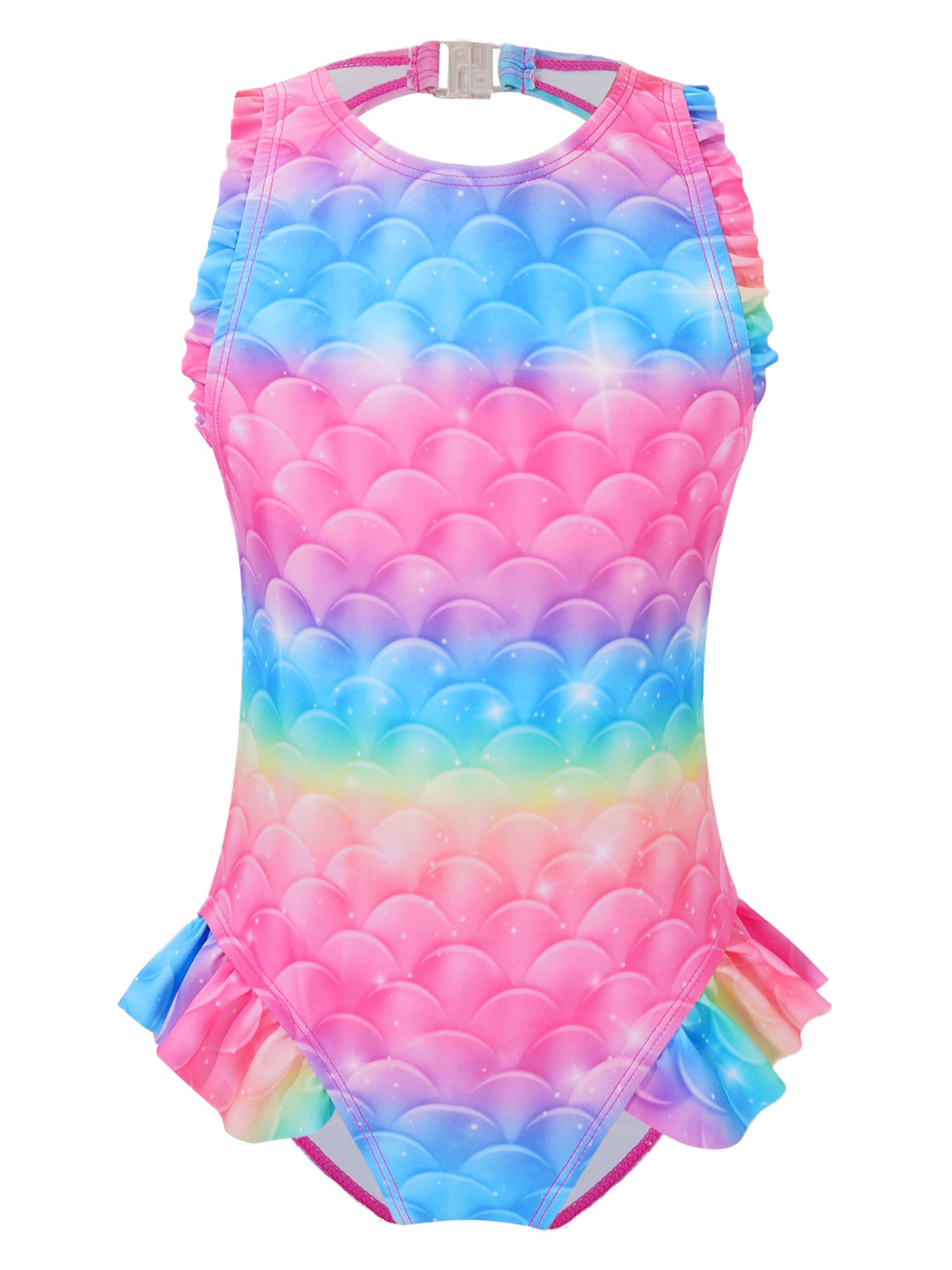 Kids Girls Mermaid Swimsuit Sleeveless Fish Scales Print Ruffle Flounce Jumpsuit Bathing Suit Pool Beach Athletic Swimwear