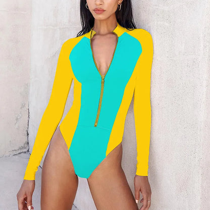 Patchwork One-Piece Swimsuit Long Sleeve Swimwear Sports Backless Women's Swimming Bathing Suit Beach Wear Bather Surfing