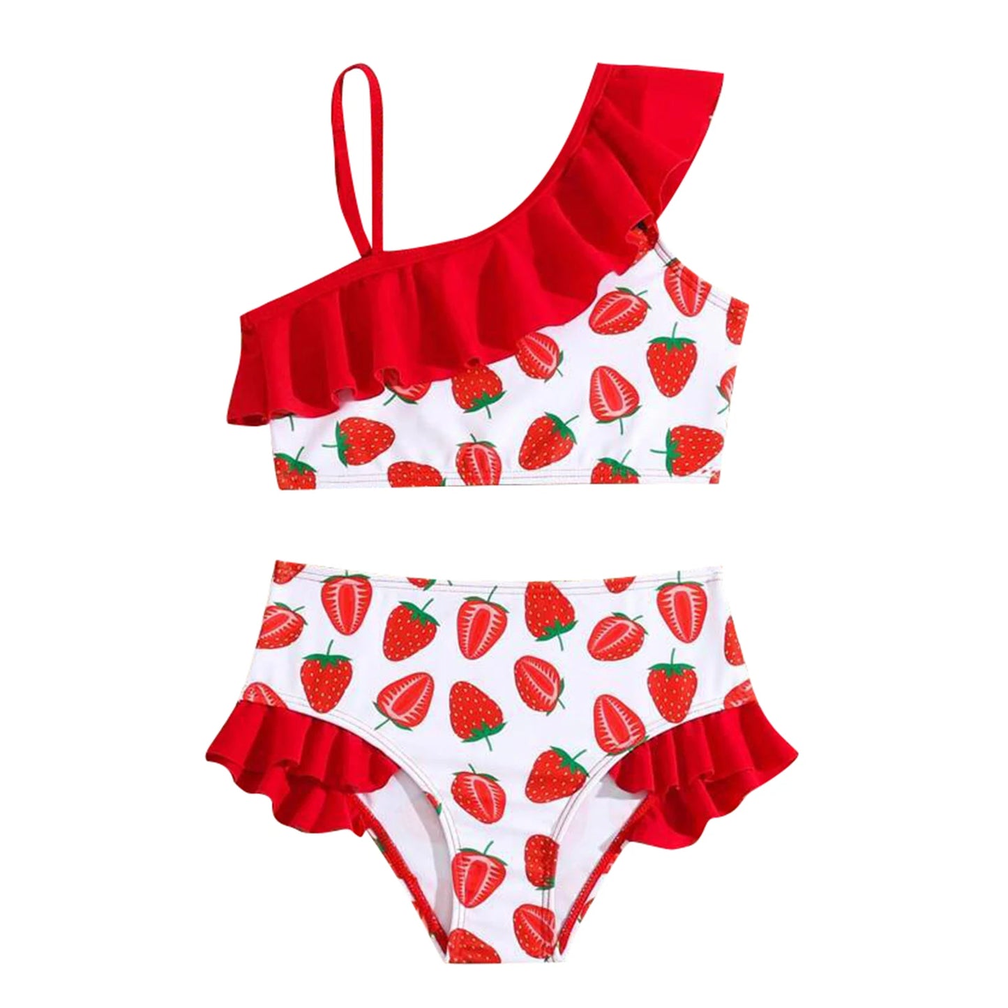 Ruffle Baby Girls Bikini Swimsuit Cute Princess Strawberry Print Beachwear Adjustable Children Bathing Suit