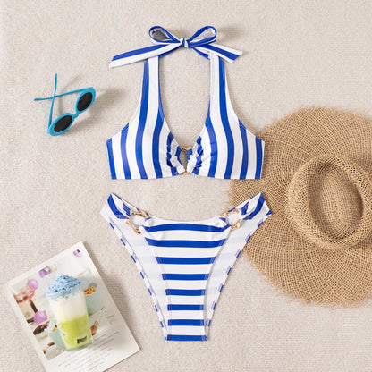 Bikini Sets Women Two Piece Swimsuit Halter Blue White Striped Swimwear Beachwear Beach Bathing Suit