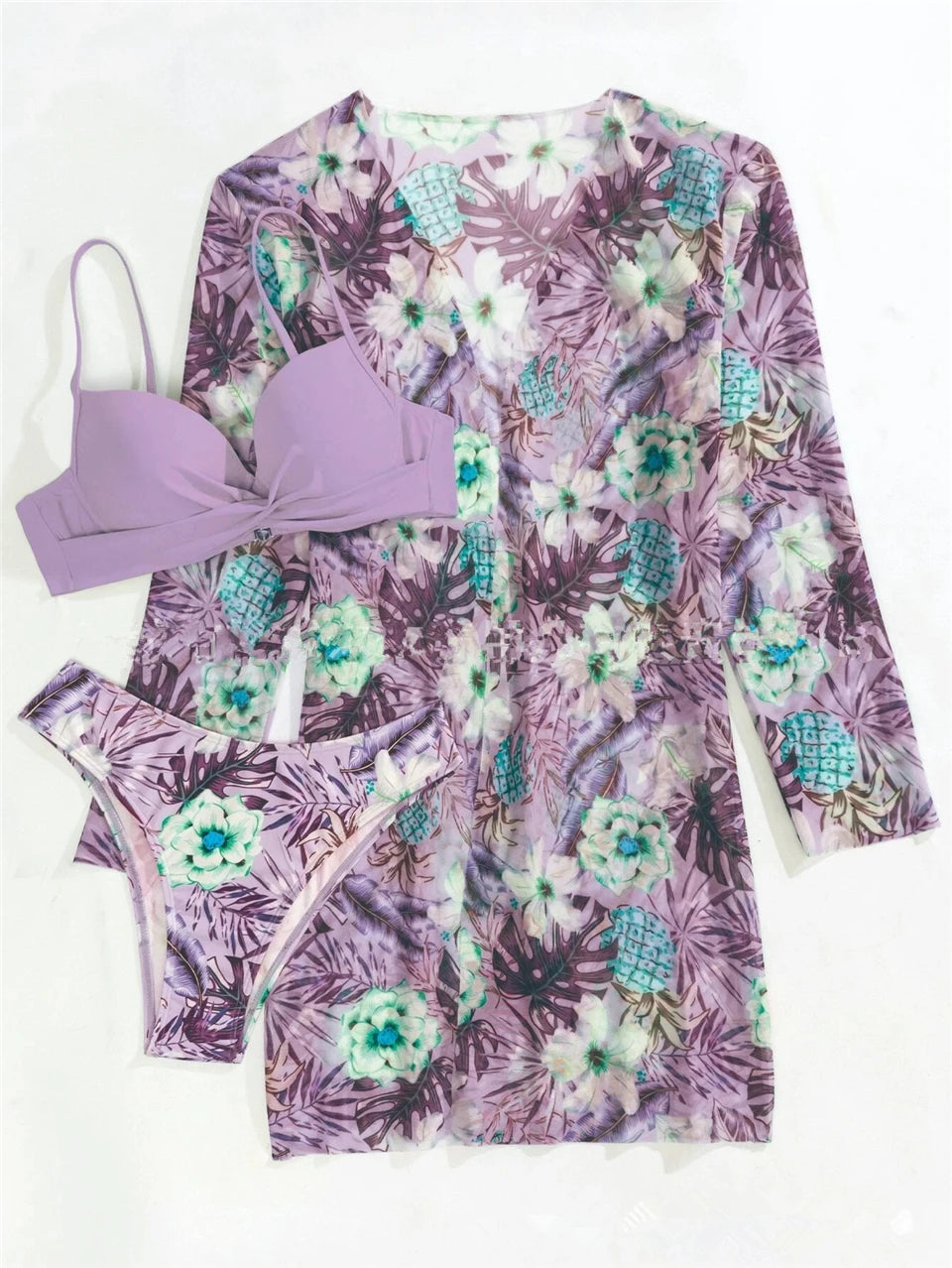 3 Pieces High Waist Bikini With Long Sleeve Kimono Swimsuit Women Print Swimwear Female Bathing Swimming Beach Suit Summer