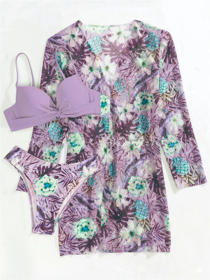 3 Pieces High Waist Bikini With Long Sleeve Kimono Swimsuit Women Print Swimwear Female Bathing Swimming Beach Suit Summer