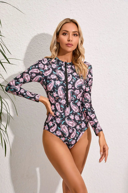 Zipper Long Sleeve Women One Piece Swimsuit Floral Monokini Swim Wear Surfing Bathing Suit Swimwear Female Clothes