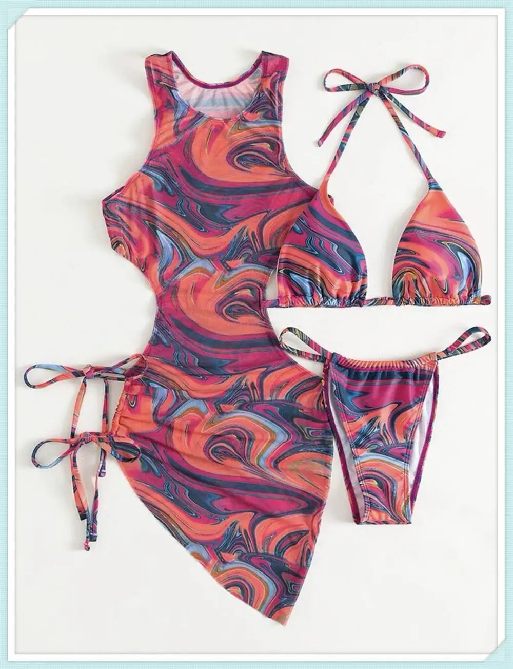 3 Piece Print Halter Triangle Bikini Sets Women Cover Up Swimwear Summer Swimsuit Female Bathing Swimming Suit Beachwear