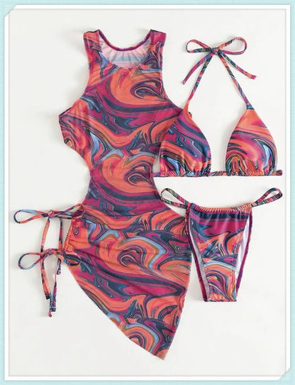 3 Piece Print Halter Triangle Bikini Sets Women Cover Up Swimwear Summer Swimsuit Female Bathing Swimming Suit Beachwear