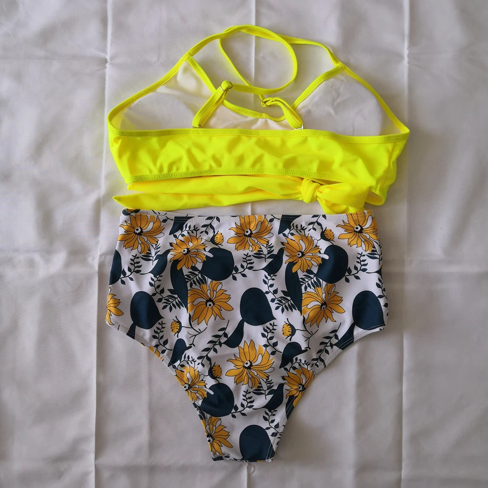Bikini Two Piece Suit Cross Front Slim High Waisted Bottom Solid/Print Breathable Quick Drying Beachwear