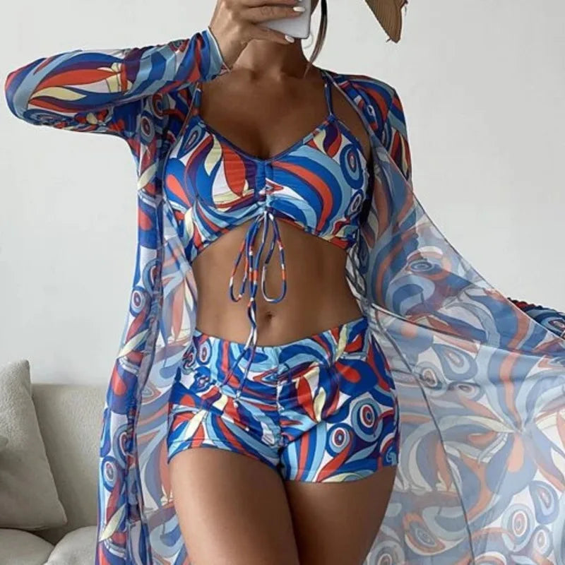 Summer Print Bikinis Swimwear Female Swimsuit Beachwear Push Up Three-Piece Bikini Set Women Swimming Bathing Suit