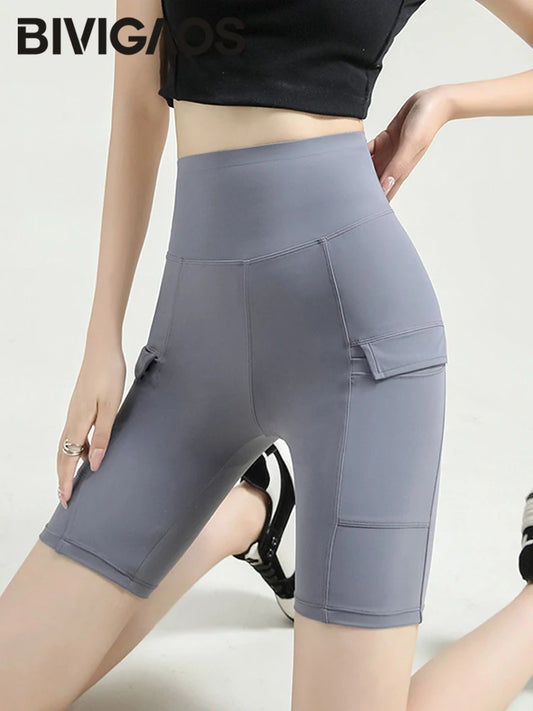 BIVIGAOS Summer New Cargo Pocket Shark Shorts Women's Sport Fitness Cycling Shorts High Waist Running Tight Biker Short Leggings