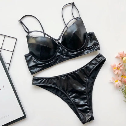 Shiny Faux Leather PU Bikini Women Swimsuit Bra Cup Bikinis Female Swimwear Two Pieces Bikini Set Push Up Bathing Suit Swim