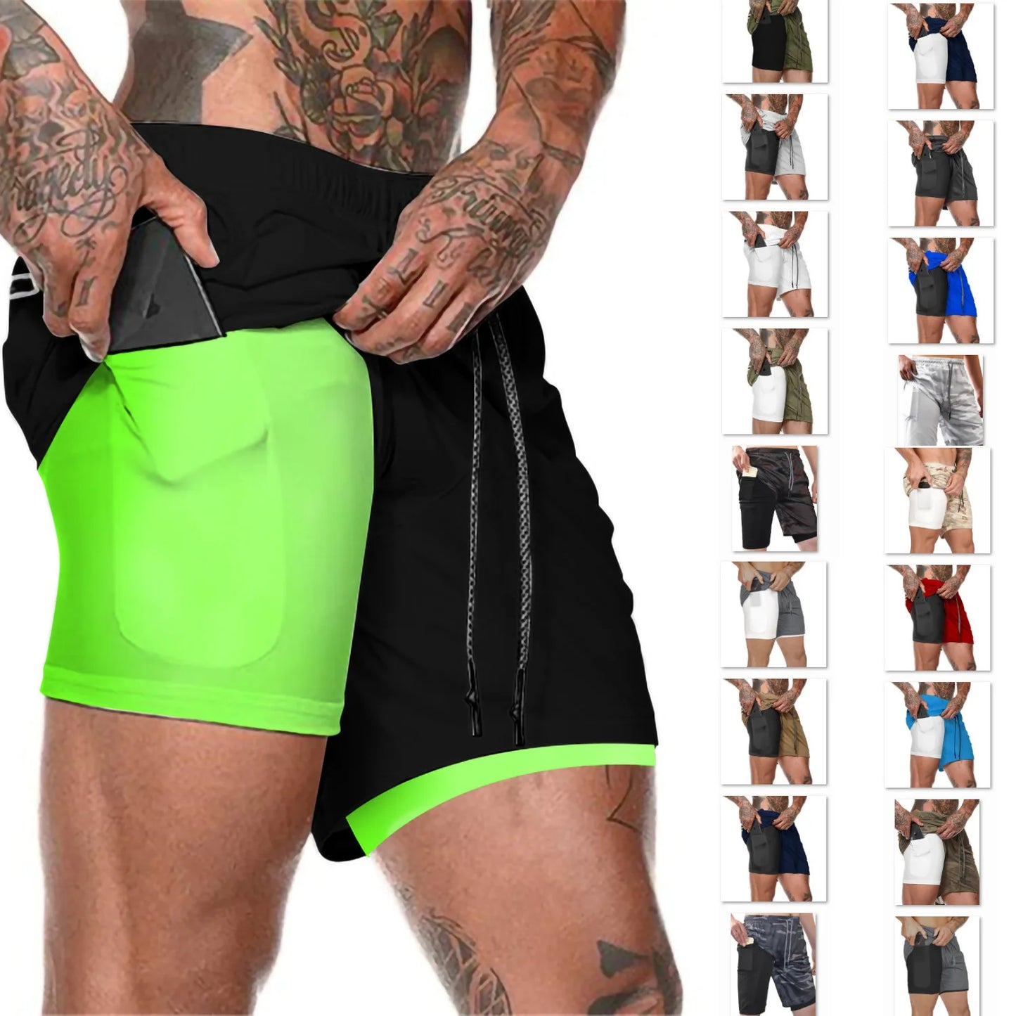European Men's Sports Summer Double Layer Mobile Phone Pants Gym Exercise Jogging Training Shorts