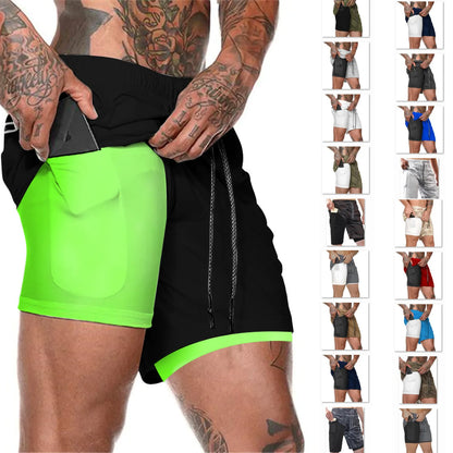 European Men's Sports Summer Double Layer Mobile Phone Pants Gym Exercise Jogging Training Shorts