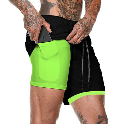 European Men's Sports Summer Double Layer Mobile Phone Pants Gym Exercise Jogging Training Shorts