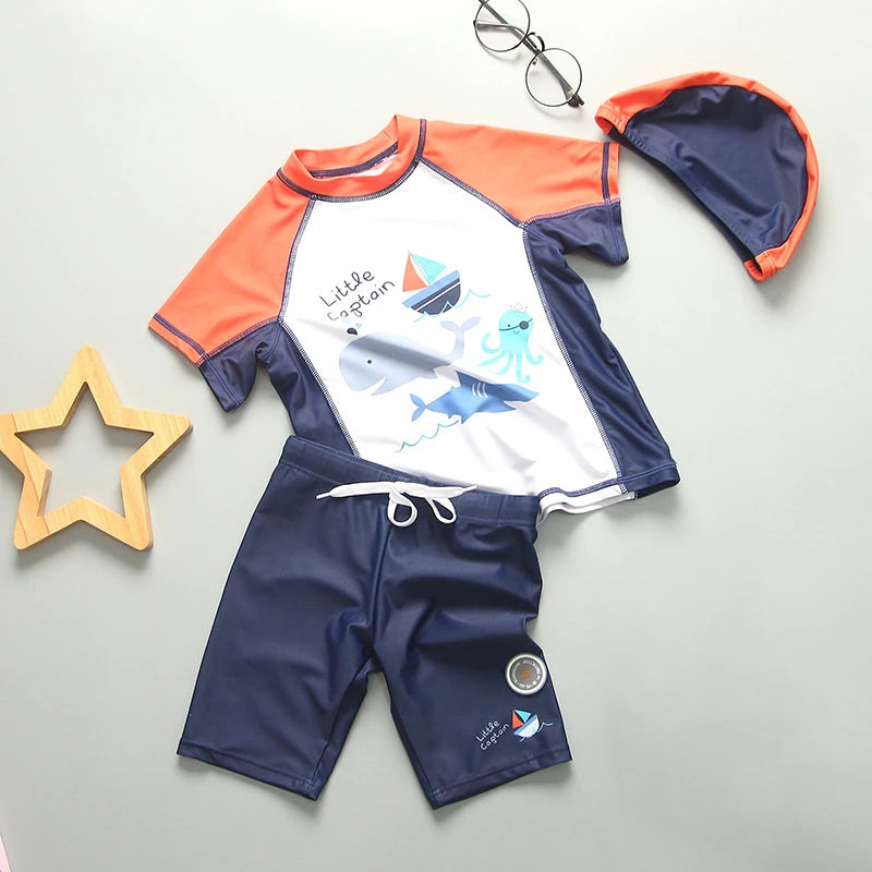 Boys' Cartoon-Print Short-Sleeve Rash Guard & Shorts Set