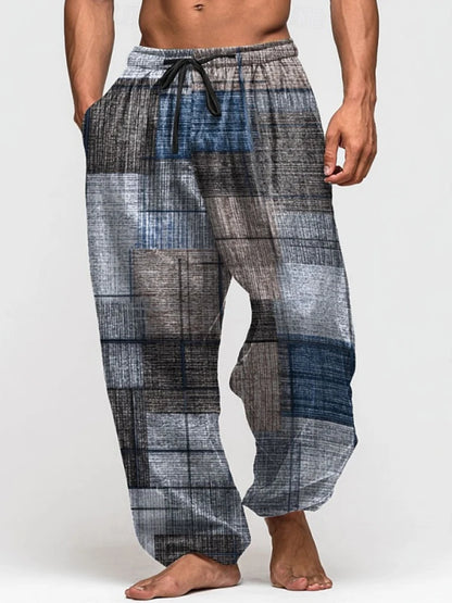 Summer Drawstring Loose-Fit Men's Wide-Leg Pants 3D Retro Patchwork Print Casual Trousers Everyday Wear Long Pants