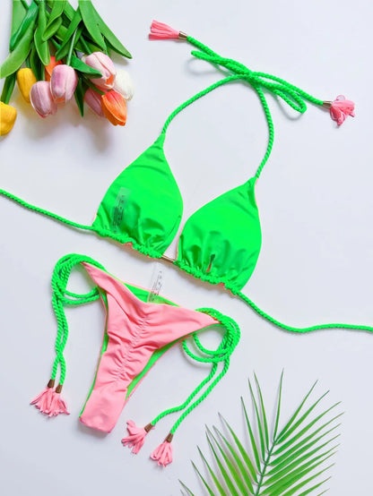 Braiding rope Solid Bikini Set Swimwear Women's Swimsuit Two-piece Triangle  Bathing Suit Brazilian Biquini