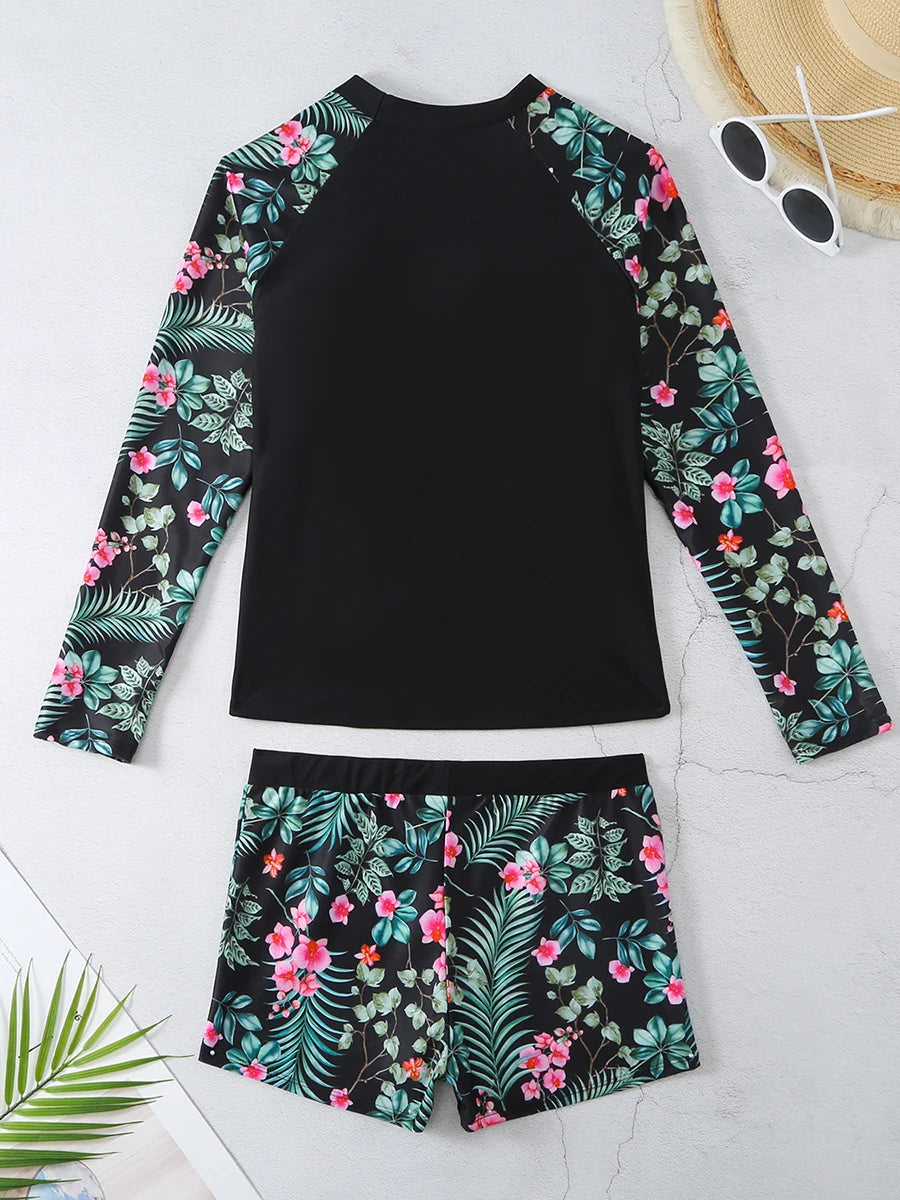 Long Sleeve Surfing Swimsuit Print Swimwear Women Two Pieces Diving Clothes Beachwear Bathing Swimming Swim Suit