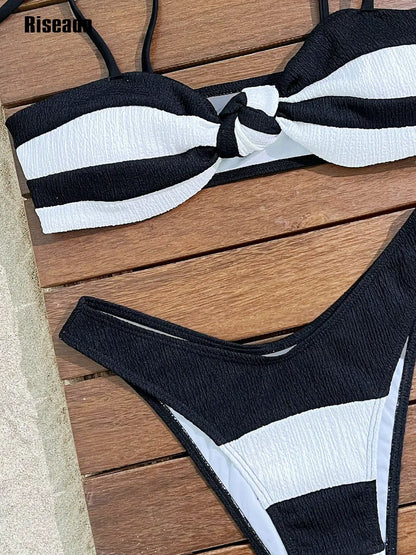 Bikini Set for Women Striped Knot Front Push Up High Leg Thong Two Piece Swimsuit