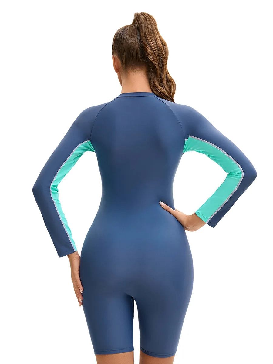 Women's Long Sleeve Swim Leg suit Swimwear - Color Blocked Conservative Zipper Swimsuit with 5-Point Coverage