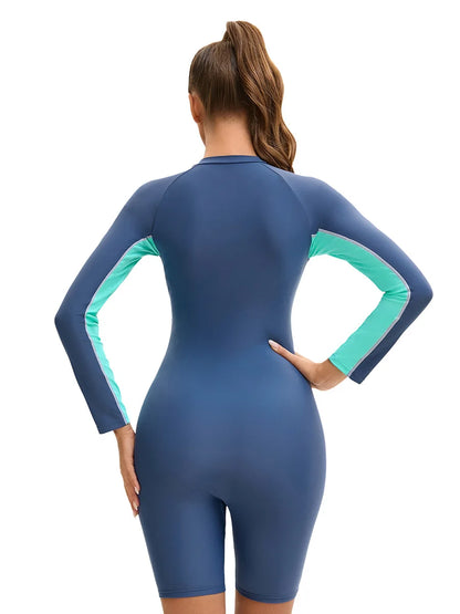 Women's Long Sleeve Swim Leg suit Swimwear - Color Blocked Conservative Zipper Swimsuit with 5-Point Coverage