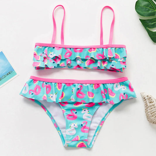 Kids Baby Girl Swimsuits Summer Flamingo Floral Sleeveless Two Pieces Ruffles Bikini Set  Swimwear Beachwear Bathing Suits