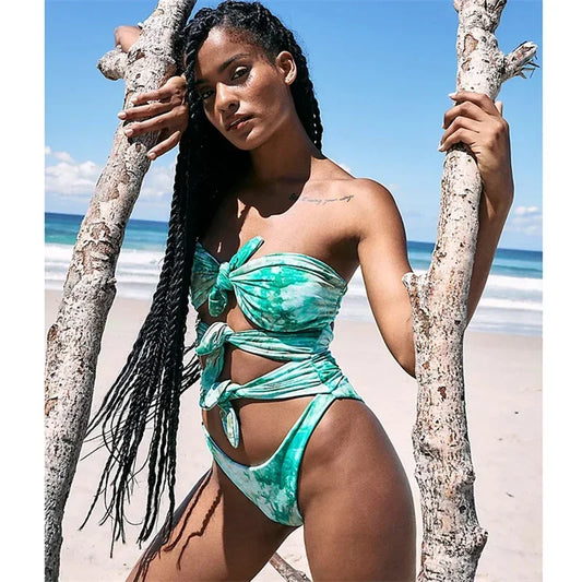 One Piece Swimsuit Swimwear Women Double Sided Green Print Hollow Knotted Bathing Suit Beachwear