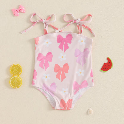 Kids Girls Sleeveless Bikini Swimsuit Cute Elastic Bow Print Strap Children Swimwear for Summer Beach Bathing Suit
