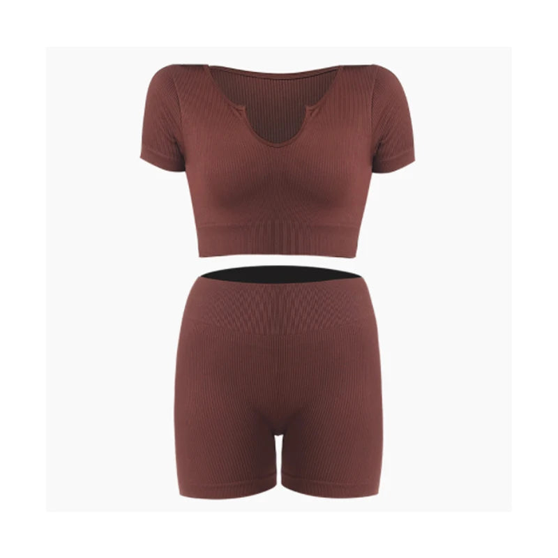 Ribbed Yoga Clothing Sets Women High Waist Shorts Short Sleeve Two Piece Set Seamless Tracksuit Fitness Workout Outfits Gym Wear