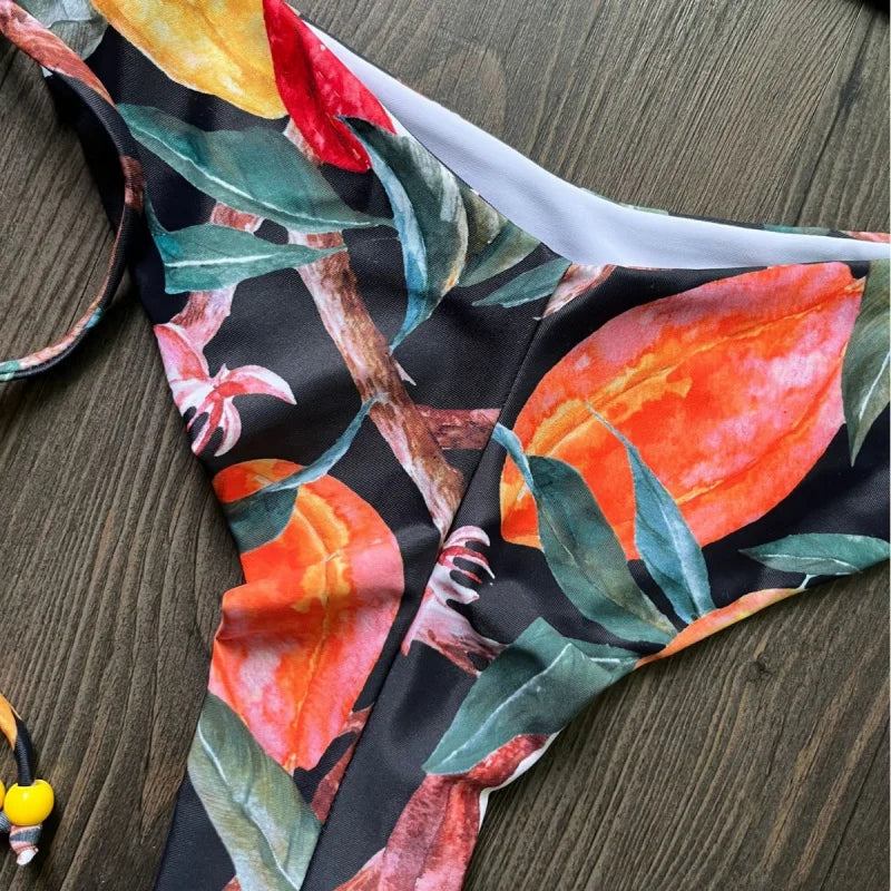Bikini Digital Printed Lace-up Halterneck Triangle Split Swimsuit Female String Bikini