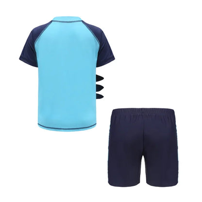 Children's Cartoon Shark Short Sleeve Split Swimwear with Swim Cap, Sun Protection Beach Wear, Baby Boys Swimsuit