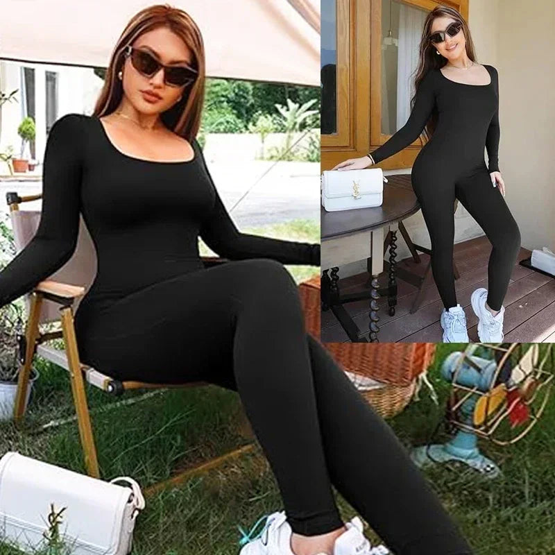 Women's Square-Neck Long-Sleeve Open-Back Workout Jumpsuit