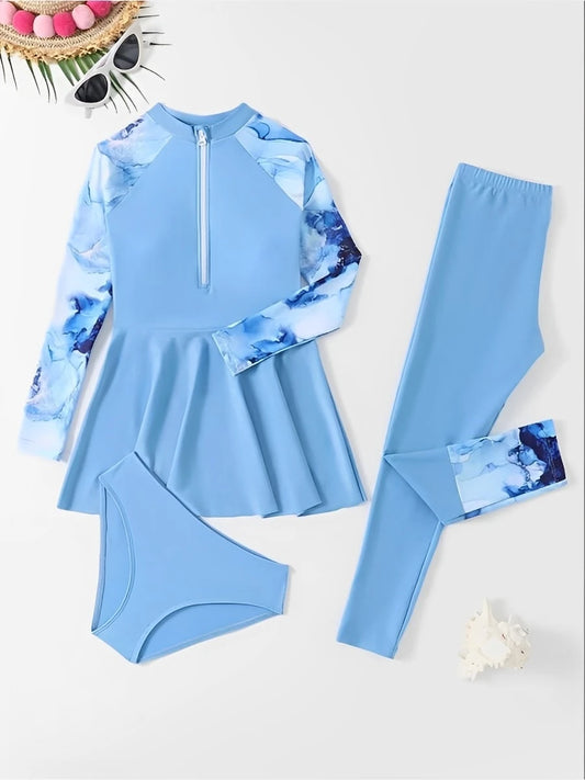 3 Pieces Girls Swimsuit Kids Swimwear Female Long Sleeve Beach Dress & Pants Children's Bathers Bathing Swimming Swim Suit
