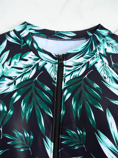 Long Sleeve Zipper Surfing Swimsuit Print Shorts Swimwear Women Two Pieces Diving Clothes Beachwear Bathing Swimming Suit
