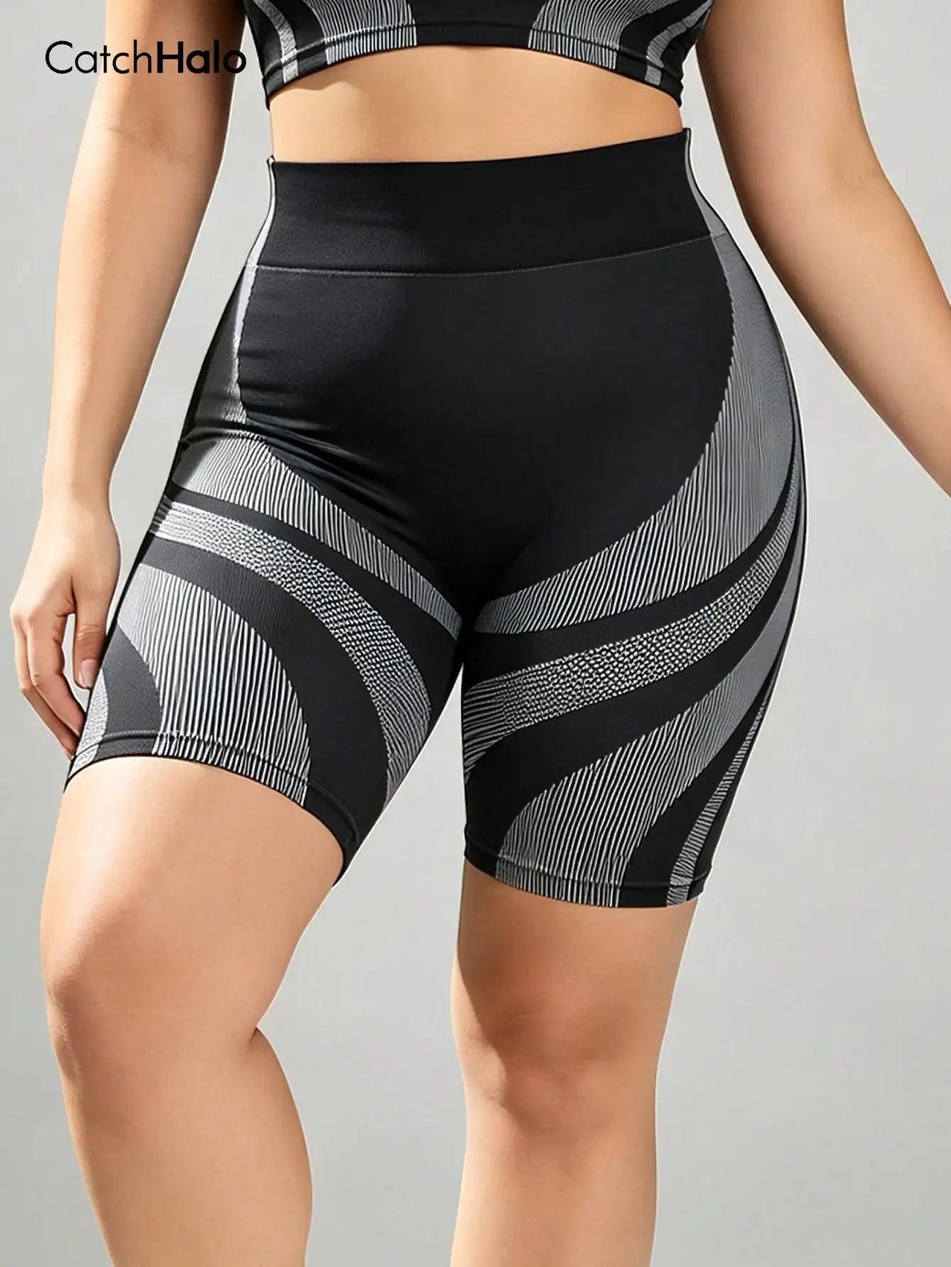 Plus Size Women High Waist Seamless Gym Shorts, Grey Black Color Block Butt Lifting, High Stretch, Yoga Running Biking, Summer