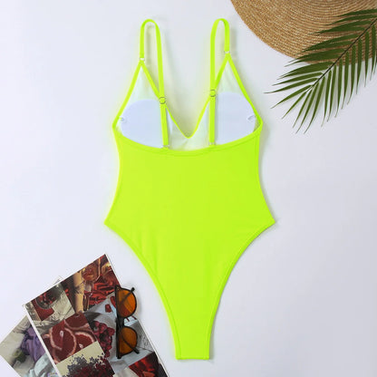 One Piece Swimsuit Women Summer Holiday Swimwear Thong Monokini Bathing Suit Mujer Micro Bikini Solid Neon Yellow