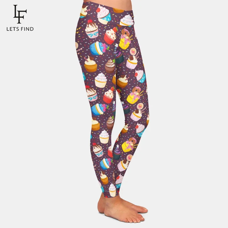 Fashion 3d Cupcakes Printing High Waist Women Leggings High Elastic Double Side Brushed Milk Silk  Woman Pants