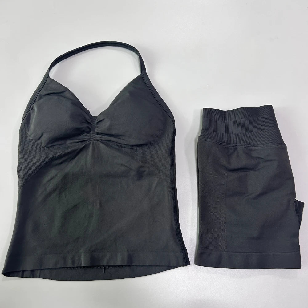 2Pcs Gym Set Women Backless Tank Tops High Waist Scrunch Seamless Shorts Gym Suit Fitness Clothes Activewear Workout Set