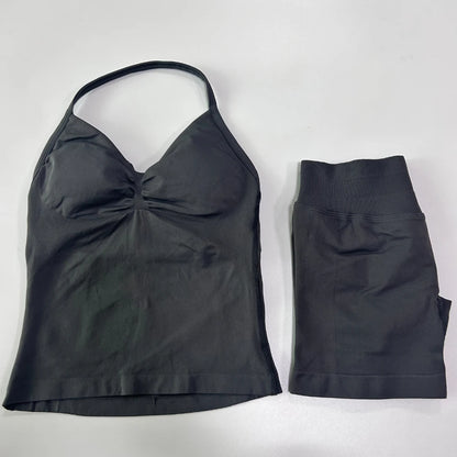 2Pcs Gym Set Women Backless Tank Tops High Waist Scrunch Seamless Shorts Gym Suit Fitness Clothes Activewear Workout Set