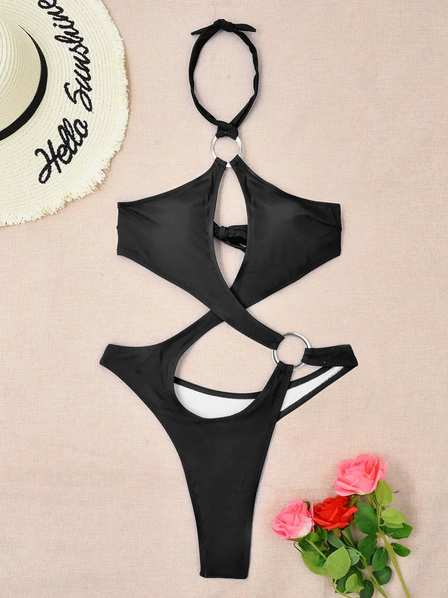 Tummy Cut Out Halter Women Thong Swimwear One Piece Swimsuit Female High Cut Monokini Rings Bathing Suit Swim Beach Wear