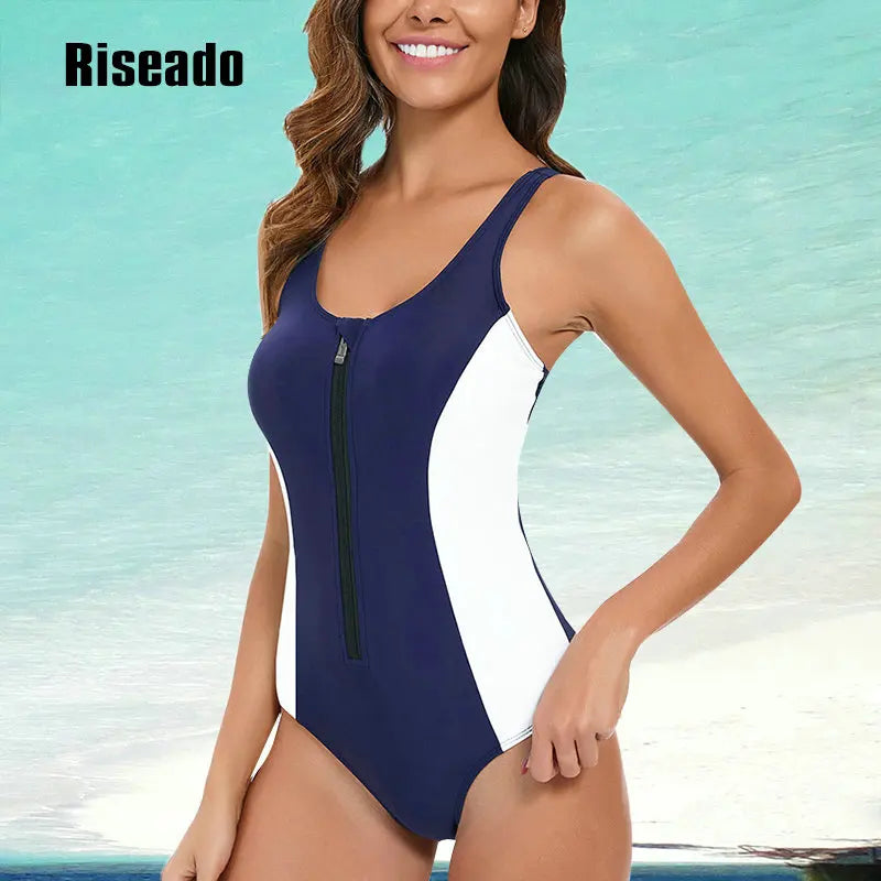 Riseado Sports One Piece Swimsuit Women Navy Swimwear Female Bodysuit Summer Swimming Suit Racerback Bathing Suits