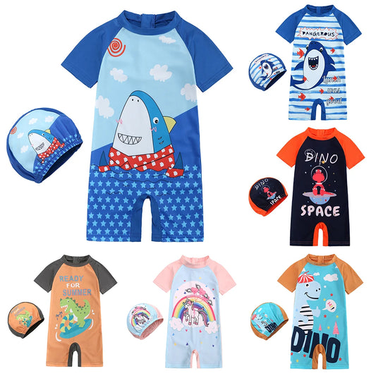 Toddler Children Swimwear Suit Print UV Kids Boys Girls Summer Beach Clothes 2Pcs Cap+Bathing Swimming Diving Swimsuit