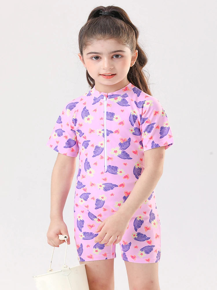 Leaf Print One Piece Girls Swimwear Kids Short Sleeve Swimsuit With Front Zipper Summer Children Swimming Suit Beachwear