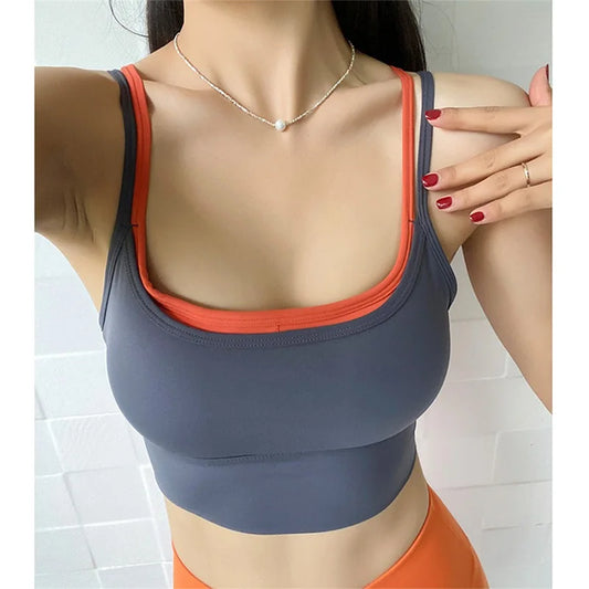 PofyBofy Womens Scoop Neck Longline Sports Bra - U Back Adjustable Straps Workout Crop Tank Top 2 in 1 Longline Workout Yoga Bra
