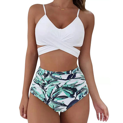 12 Colors Women Slim Bikini Sets High Waisted Swimwear 2 Pieces Solid/Floral Ruched Brazilian Swimsuit Cross Front