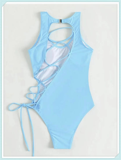 Lace Up Back Swimsuit One Piece Printed Swimwear Women Backless Bathing Swimming Suit Female Padded Beachwear Bodysuit