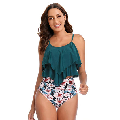 8 Colors Women Ruffled Tankini Set Padded Top With Adjustable Shoulder Straps Elastic Slim Knitted High Waisted Beachwear