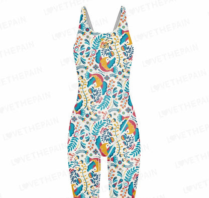 Love The Pain Women Racer Back Bodysuit Knee Length Swimsuit Professional Sports Training Swimwear Backless Athletic Swimsuit