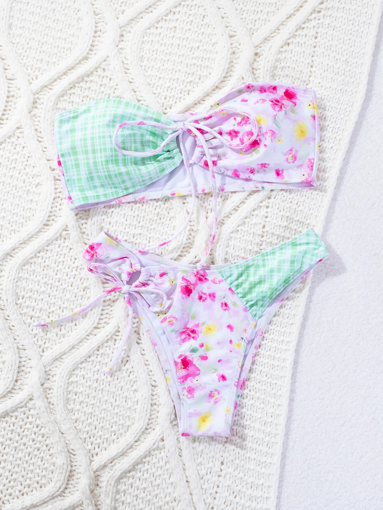 Flower Print Two Piece Swimsuit for Women Summer Strapless Backless Bikini Set Beach Vacation V-neck Backless Swimwear