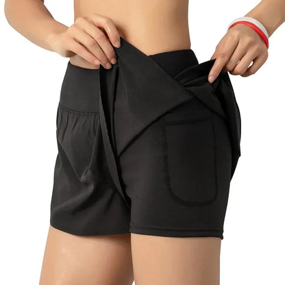 Women Running Shorts 2-in-1 with Pocket Wide Waistband Coverage Layer Liner Lounging Sports Yoga Leggings Gym Fitness Shorts