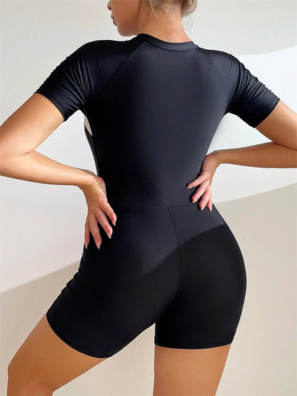 One Piece Swimsuit Women  Black Short Sleeves Zippers Swimwear Boxer Shorts Bodysuit Monokini Beach Bathing Suit Female